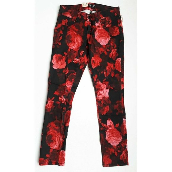 SEVEN7 Jeans REGULAR Floral SKINNY Slim RED FLORAL Pants FAUX Front POCKETS 2 - Picture 2 of 3